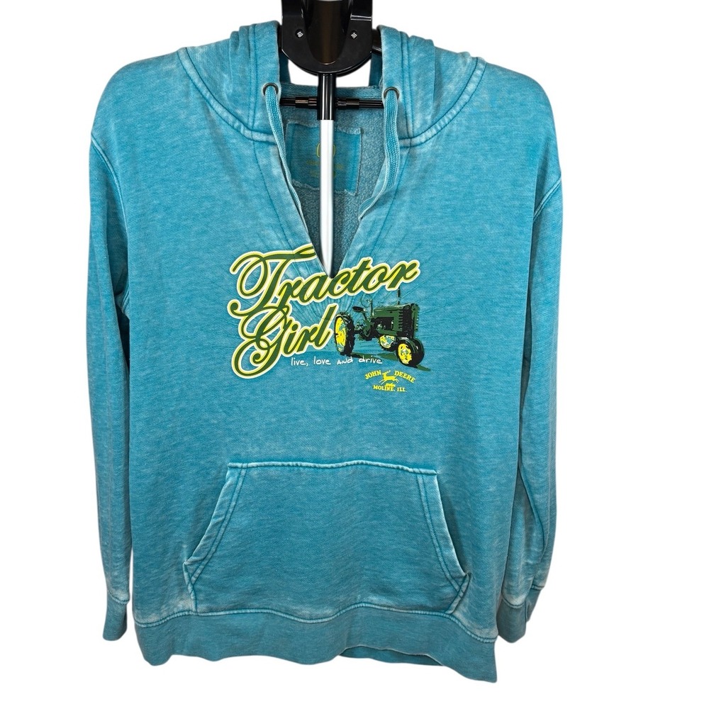 John Deere Tractor Girl Hoodie Womens Large Blue Mineral Wash Graphic Pullover